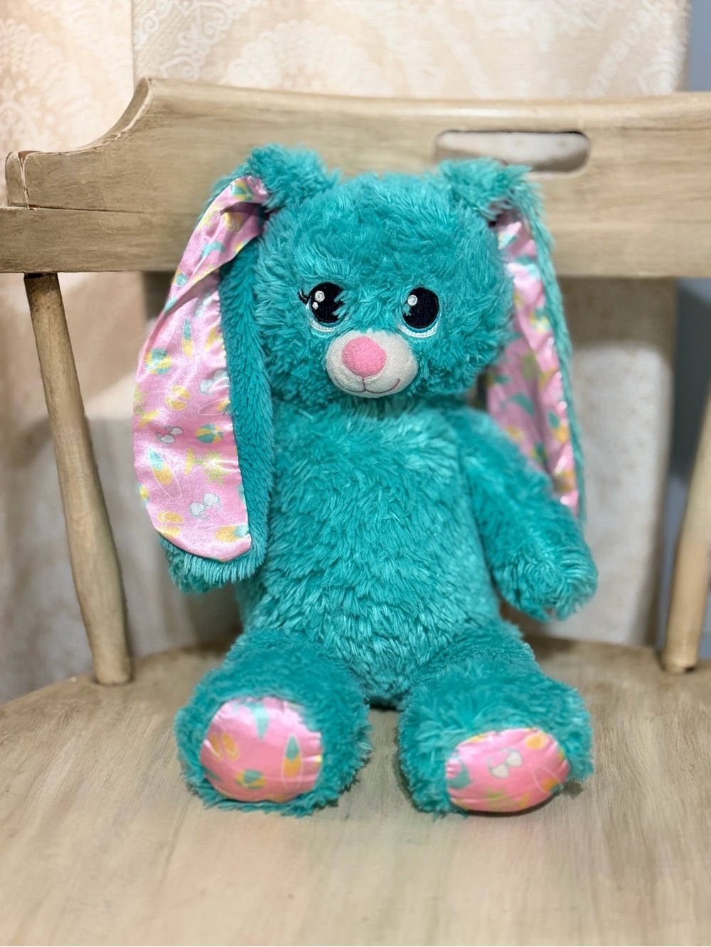 Build-A-Bear Teal Bunny Plush with Pink Floral Ears